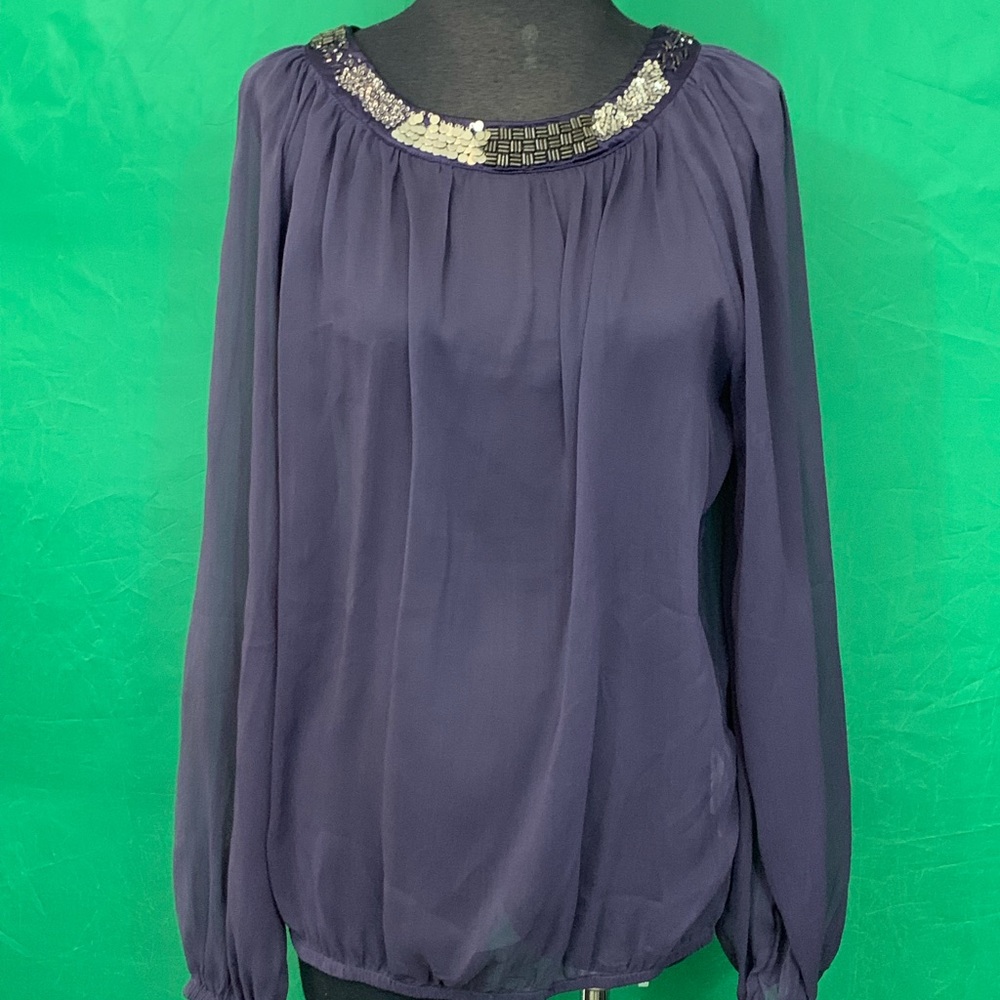 Beautiful NWT sheer Sisley blouse, purple w/beads